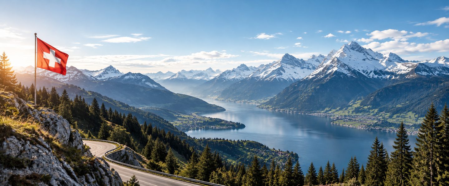 Schweizer Fahne über einer Passstrasse mit Blick auf See und Alpen