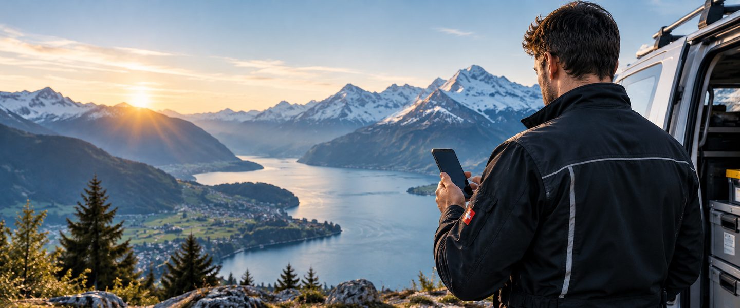 Servicetechniker mit Smartphone vor einem Alpenpanorama, daneben sein Servicefahrzeug