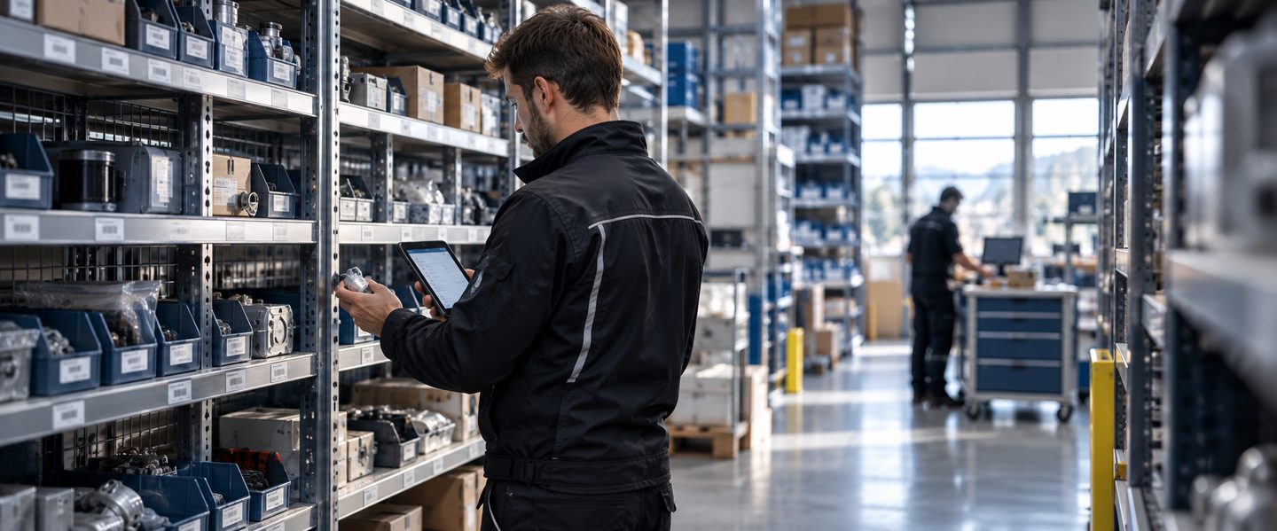 Techniker prüft im Lager einen Artikel mit dem Tablet